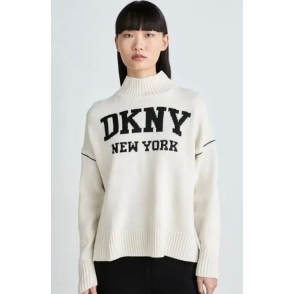DKNY New York Off White Black Logo Turtleneck Mock Sweater Top S Cozy Winter NWT